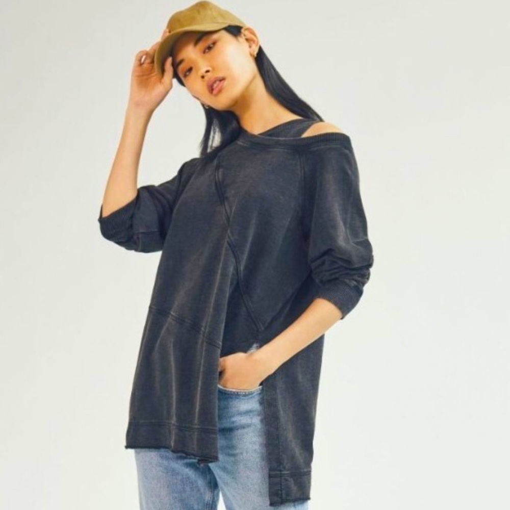 Pilcrow by Anthropologie black distressed, washed crisscross neck sweatshirt
